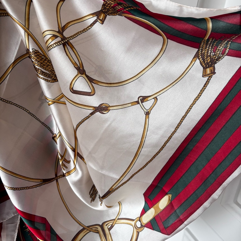 100% Silk Equestrian Print Scarf – Red/Green/Gold Accents